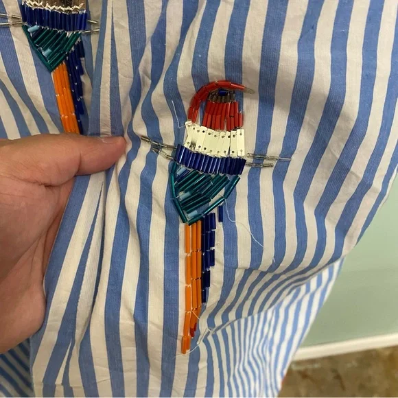 Anthropologie Maeve Tie Back A Line Maxi Dress Striped Blue Beaded Birds 24W - Picture 9 of 16